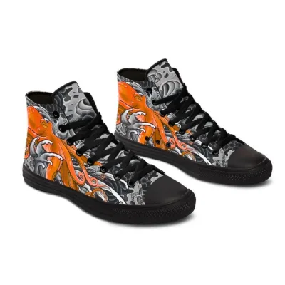 Grey Wave Orange Octopus Black Canvas Shoes