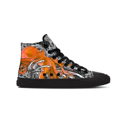 Orange Octopus Wave Black Canvas Shoes