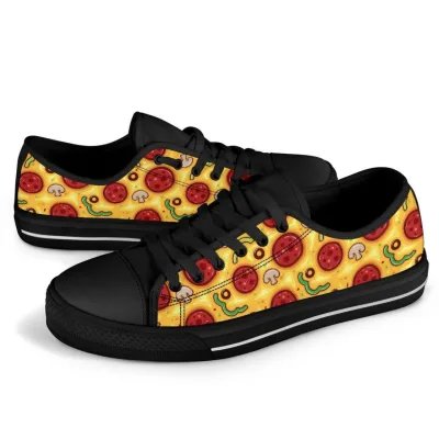 Pizza In Black Low-top Canvas Shoes